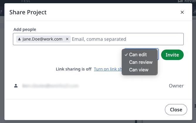 Inviting a collaborator and setting their editing mode